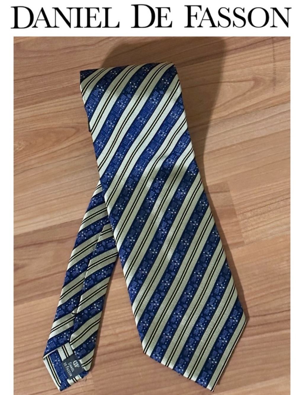 DANIEL DE FASSON 100% Silk Tie Diagonal Stripe Print Blue Sage Green